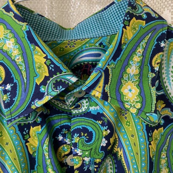 Designer Alan Flusser Vintage Blue Green Yellow Paisley Cotton Shirt Medium - Picture 5 of 10